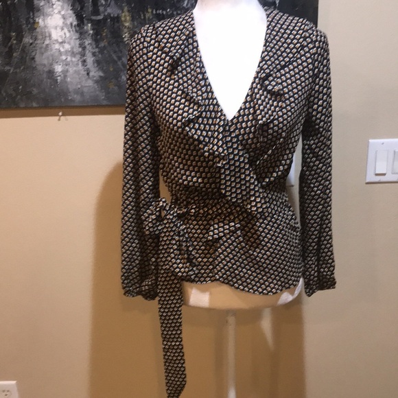 Max Studio Ruffle Wrap Front V-neck Tie Elastic Waist Long Sleeve Top-XS - Picture 5 of 11